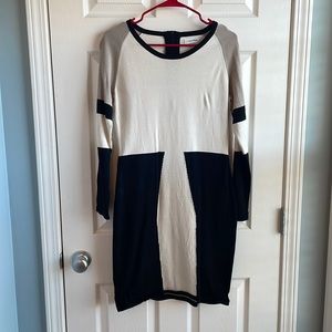 Calvin Klein Size 6 Long Sleeve Color Block Black, White, and Tan Sheath Dress